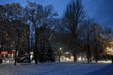 Dnipro Nehri boyunca insanlar, banklar, evler, binalar, beyaz kar, çıplak ağaçlar ve fenerlerin bulunduğu bir kış ve gece şehri bulunmaktadır. Dnepropetrovsk / Dnipro, Ukrayna 'daki Dnipro Nehri' nin kış setinin alışılmadık bölümleri.. 