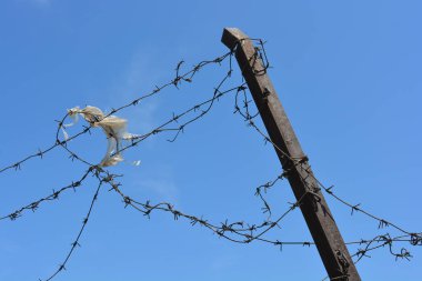 Eski metal, metal raptiyeli kırmızı tel, hırsızlara karşı keskin uçlar girişimin çimento çitinde yer almaktadır..