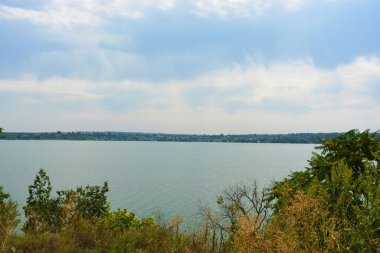 Sahilin alışılmadık ve güzel doğası, Samara Nehri körfezi. Yeşil sazlar, ağaçlar, çalılar, Dnipro, Ukrayna 'da beyaz kum..