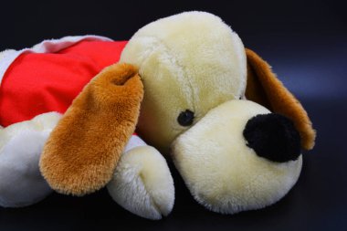 Güzel ve parlak şeyler, çocukların yumuşak oyuncakları. Büyük kulaklı ve kırmızı ceketli büyük bej renkli yumuşak bir köpek siyah plastik bir arka planda yer almaktadır..