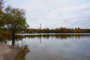 Sonbahar doğası, ağaçlarla güzel doğa, Dnipro nehrinin kıyısı. Güzel nehir kıyısı, yaprak döken yeşil, sarı, turuncu, kırmızı ağaçlar Kamianske şehrinde, Dniprodzerzhyns 'k Ukrayna.