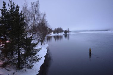Finlandiya 'nın başkenti Varkaus' un orta kesiminde renkli bir manzara. Olağandışı parlak Finlandiya binaları, yapıları, alışılmadık ağaçları olan evler, göl veya nehir kıyısında bulunan köknar ağaçları..