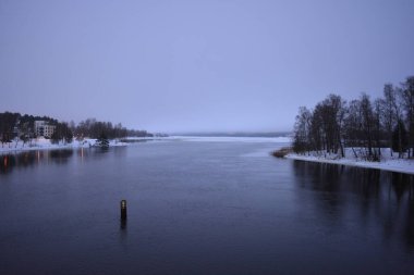 Finlandiya 'nın başkenti Varkaus' un orta kesiminde renkli bir manzara. Olağandışı parlak Finlandiya binaları, yapıları, alışılmadık ağaçları olan evler, göl veya nehir kıyısında bulunan köknar ağaçları..