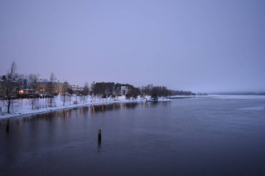 Finlandiya 'nın başkenti Varkaus' un orta kesiminde renkli bir manzara. Olağandışı parlak Finlandiya binaları, yapıları, alışılmadık ağaçları olan evler, göl veya nehir kıyısında bulunan köknar ağaçları..