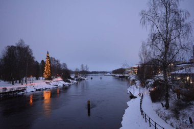 Güzel manzara, yeni yıl için süslenmiş göl kıyısı, Finlandiya 'nın Varkaus şehrinde Noel. Büyük yeşil bir Noel ağacı parlayan ampullerde, Yeni Yıl çelenklerinde, alışılmadık ağaçlarda, binalarda ve sahildeki yapılarda duruyor..