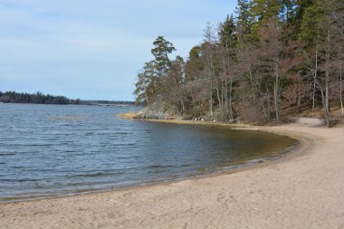 Doğa, cazibe, güzel manzara. Yeşil orman kumlu bir körfezin kıyısında büyür. Güzel, nazik ve sarp kayalardan oluşan kıyıları vardır. Finlandiya, Espoo 'da bir buzulun arka planına karşı yeşil çamlar, beyaz huş ağaçları, kumlu yollar ve yollar.