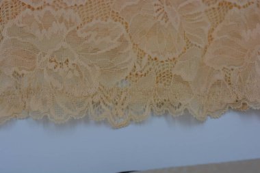 Çiçek tomurcuklarından bej, kumlu, güzel dantel, çiçek açan güller, şakayıklar. Alışılmadık kumaş, doğal pamuktan yapılmış bej kumaşlara parıltılı dantel..