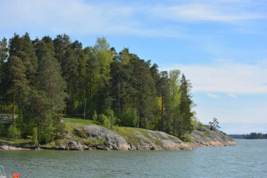 Güzel doğa, sarı kumlu güzel sahil, küçük dalgalar, yeşil ağaçlar, köknar ağaçları ve kahverengi taşlar. Finlandiya Körfezi 'nin Varkaus, Espoo şehrindeki seti..