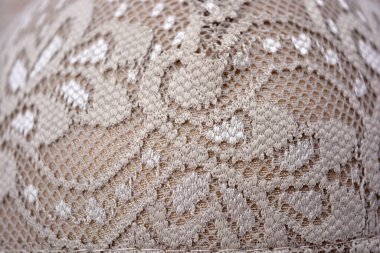 Güzel, zarif, kahverengi dantel kumaş. Çiçekler ve desenler beyaz arka planda..