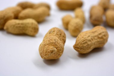 Kahverengi kabuklarındaki doğal fıstıklar beyaz arka planda yer alır..