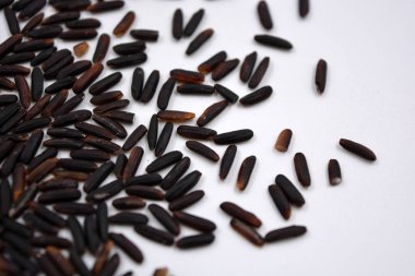 Beyaz arka planda yetişen istenmeyen yakışıklı siyah pirinç..