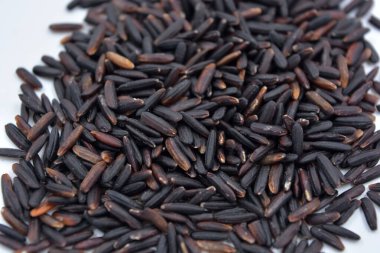 Beyaz arka planda yetişen istenmeyen yakışıklı siyah pirinç..