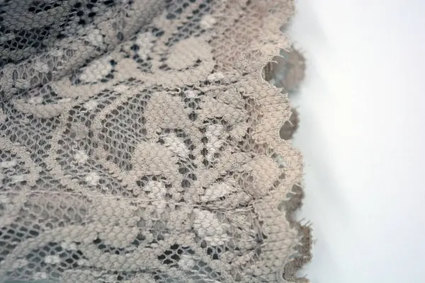 Güzel, zarif, kahverengi dantel kumaş. Çiçekler ve desenler beyaz arka planda..