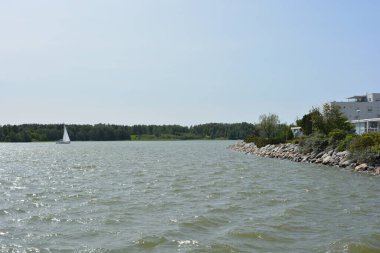 Güzel, parlak doğa, yeşil köknar ağaçları, uzun çam ağaçları, ağaçlar ve güzel beyaz evleri olan tepelik bir manzara. Finlandiya 'nın Espoo şehrinde Finlandiya kıyısında yeni güzel evler bulunmaktadır..