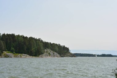 Güzel, parlak doğa, yeşil köknar ağaçları, uzun çam ağaçları, ağaçlar ve güzel beyaz evleri olan tepelik bir manzara. Finlandiya 'nın Espoo şehrinde Finlandiya kıyısında yeni güzel evler bulunmaktadır..