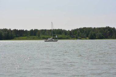 Güzel bir doğa, Finlandiya Körfezi kıyısı. Finlandiya 'nın Espoo kentindeki su deposunda güzel, parlak bir yat denize açılır..