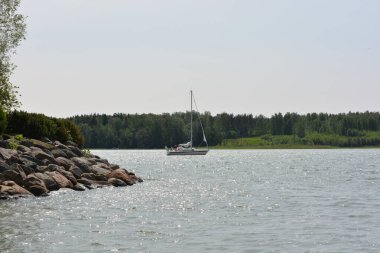 Güzel bir doğa, Finlandiya Körfezi kıyısı. Finlandiya 'nın Espoo kentindeki su deposunda güzel, parlak bir yat denize açılır..