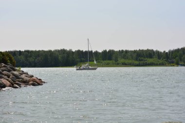 Güzel bir doğa, Finlandiya Körfezi kıyısı. Finlandiya 'nın Espoo kentindeki su deposunda güzel, parlak bir yat denize açılır..