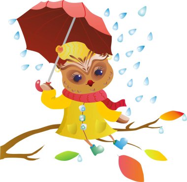 Dalında şemsiyesi olan yağmurluk giymiş baykuş.