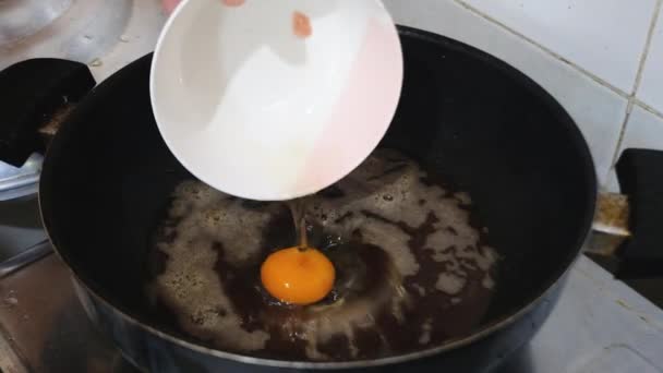 フライパンに1個の卵を注ぐ — ストック動画