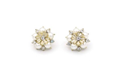 Flowers earrings, a pair of luxury earrings on white isolated background. Accessory earrings for women.