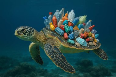 Yapay zeka, deniz kaplumbağası kabuğu renkli plastik atıklarla kaplı bir şekilde suyun altında yüzerken görüntüsü oluşturdu. Bu da deniz yaşamı ve çevresel dengesizliği sembolize ediyor.