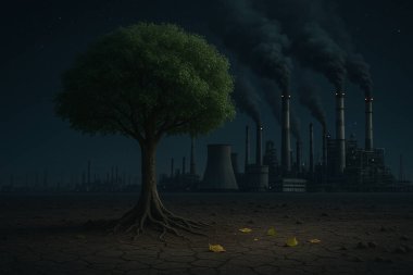 Yapay zeka, çevresel etkileri ve duygusal derinliği aktaran kirli bir fabrikanın önünde tek başına duran büyük bir ağacı gösteriyor.