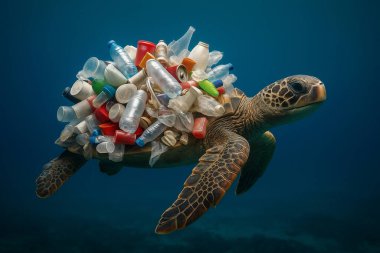 Yapay zeka su altında yüzen bir deniz kaplumbağasının görüntüsünü oluşturdu kabuğu deniz kirliliğinin yükünü simgeleyen renkli plastik bir çöp yığınına dönüştü.