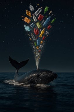 Yapay zeka gece yüzeye çıkan bir balinanın görüntüsünü oluşturdu ve yıldızlı gökyüzüne plastik atık saçarak okyanus kirliliğini ve insan atıklarının deniz yaşamı üzerindeki etkisini sembolize etti.