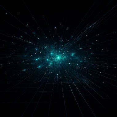 Yapay zeka, gök mavisi parlayan düğümleri ve dinamik veri hatları ile karanlık bir arkaplan üzerinde merkezi bir çekirdekten yayılarak hız karmaşıklığını ve gelecekteki zekayı temsil eden dijital ağ oluşturdu.