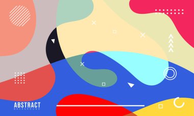 Renkli Soyut Memphis Sıvı ve Geometrik Arkaplan. Çoklu Renkli Arkaplan Şablonu. Reklamınız için Modern Tasarım Şablonu, Poster, Kapak, Web sayfası, Broşür ve Broşür. Vektör Eps 10