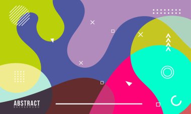 Renkli Soyut Memphis Sıvı ve Geometrik Arkaplan. Çoklu Renkli Arkaplan Şablonu. Reklamınız için Modern Tasarım Şablonu, Poster, Kapak, Web sayfası, Broşür ve Broşür. Vektör Eps 10