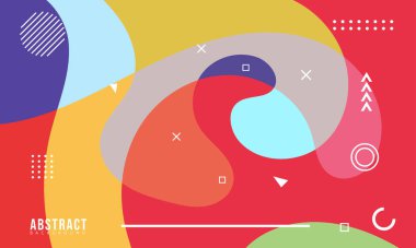 Renkli Soyut Memphis Sıvı ve Geometrik Arkaplan. Çoklu Renkli Arkaplan Şablonu. Reklamınız için Modern Tasarım Şablonu, Poster, Kapak, Web sayfası, Broşür ve Broşür. Vektör Eps 10