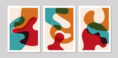 Soyut şekilleri ve dokuları olan soyut çağdaş orta yüzyıl posterleri. Duvar kağıdı, arkaplan, duvar dekorasyonu, kapak, baskı, kart için tasarım. Modern boho minimalist sanat. Vektör illüstrasyonu.