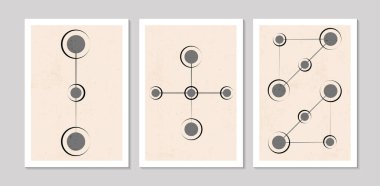 Soyut şekilleri ve dokuları olan soyut çağdaş orta yüzyıl posterleri. Duvar kağıdı, arkaplan, duvar dekorasyonu, kapak, baskı, kart için tasarım. Modern boho minimalist sanat. Vektör illüstrasyonu.