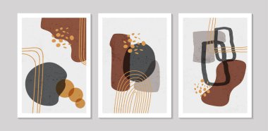 Soyut şekilleri ve dokuları olan soyut çağdaş orta yüzyıl posterleri. Duvar kağıdı, arkaplan, duvar dekorasyonu, kapak, baskı, kart için tasarım. Modern boho minimalist sanat. Vektör illüstrasyonu.