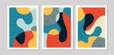 Renkli soyut şekilleri ve dokuları olan soyut çağdaş yüzyılın ortası posterleri. Duvar kâğıdı, arkaplan, duvar dekorasyonu, kapak, baskı için tasarım. Modern boho minimalist sanat. Vektör illüstrasyonu.