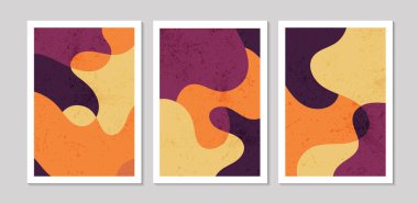 Soyut şekilleri ve dokuları olan soyut çağdaş orta yüzyıl posterleri. Duvar kağıdı, arkaplan, duvar dekorasyonu, kapak, baskı, kart için tasarım. Modern boho minimalist sanat. Vektör illüstrasyonu.