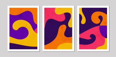 Soyut şekilleri ve dokuları olan soyut çağdaş orta yüzyıl posterleri. Duvar kağıdı, arkaplan, duvar dekorasyonu, kapak, baskı, kart için tasarım. Modern boho minimalist sanat. Vektör illüstrasyonu.