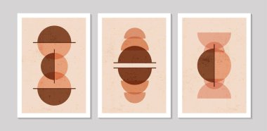 Soyut şekilleri ve dokuları olan soyut çağdaş orta yüzyıl posterleri. Duvar kağıdı, arkaplan, duvar dekorasyonu, kapak, baskı, kart için tasarım. Modern boho minimalist sanat. Vektör illüstrasyonu.