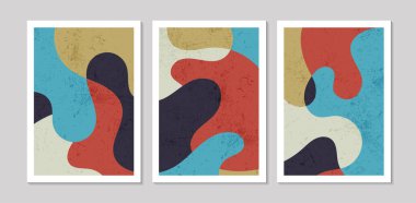 Soyut şekilleri ve dokuları olan soyut çağdaş orta yüzyıl posterleri. Duvar kağıdı, arkaplan, duvar dekorasyonu, kapak, baskı, kart için tasarım. Modern boho minimalist sanat. Vektör illüstrasyonu.