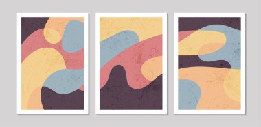 Soyut şekilleri ve dokuları olan soyut çağdaş orta yüzyıl posterleri. Duvar kağıdı, arkaplan, duvar dekorasyonu, kapak, baskı, kart için tasarım. Modern boho minimalist sanat. Vektör illüstrasyonu.