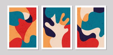 Soyut şekilleri ve dokuları olan soyut çağdaş orta yüzyıl posterleri. Duvar kağıdı, arkaplan, duvar dekorasyonu, kapak, baskı, kart için tasarım. Modern boho minimalist sanat. Vektör illüstrasyonu.