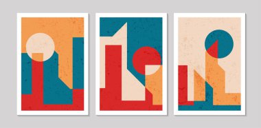 Geometrik şekilli soyut çağdaş orta yüzyıl posterleri. Duvar kağıdı, arkaplan, duvar dekorasyonu, kapak, baskı, kart için tasarım. Modern boho peyzaj minimalist sanat. Vektör illüstrasyonu.