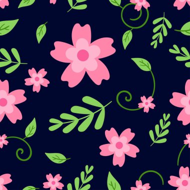 Koyu mavi arka planda sakura çiçeklerinin, bitkilerin ve botaniklerin kusursuz desenleri. Moda, kumaş, duvar kağıdı ve tüm baskılar için uygun. vektör illüstrasyonu