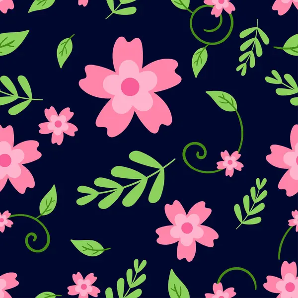 Koyu mavi arka planda sakura çiçeklerinin, bitkilerin ve botaniklerin kusursuz desenleri. Moda, kumaş, duvar kağıdı ve tüm baskılar için uygun. vektör illüstrasyonu