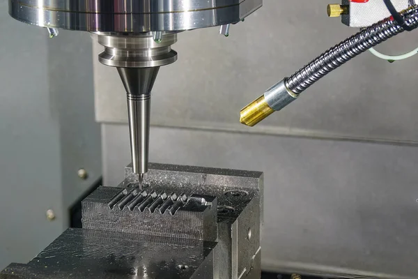 The CNC milling machine cutting injection mold part by solid ball end mill tool. The mold parts cutting process by machining center with solid ball end mill.