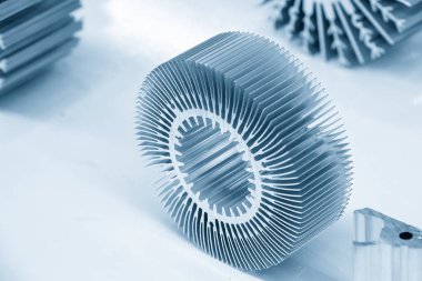 The circular shape of heat sink. The sample parts of aluminum profile extrusion manufacturing concept. 