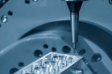 Close up scene the 5-axis machining center cutting the V8 engine cylinder block with solid ball end mill tool. The hi-precision automotive manufacturing process by multi-axis CNC milling machine.