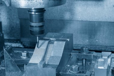 The CNC milling machine cutting injection mold part by solid flat end mill tool. The mold parts cutting process by machining center with solid ball end mill.